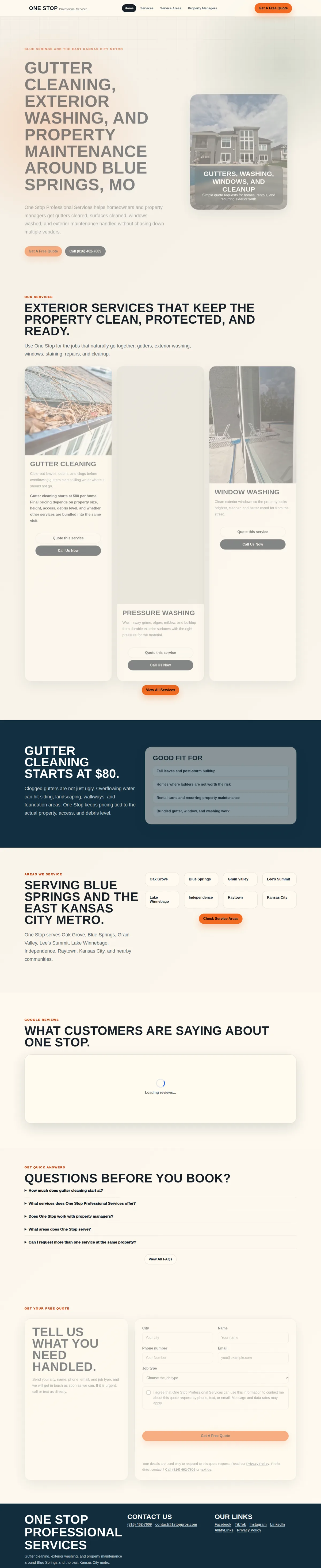 One Stop Professional Services homepage showing exterior services and quote actions