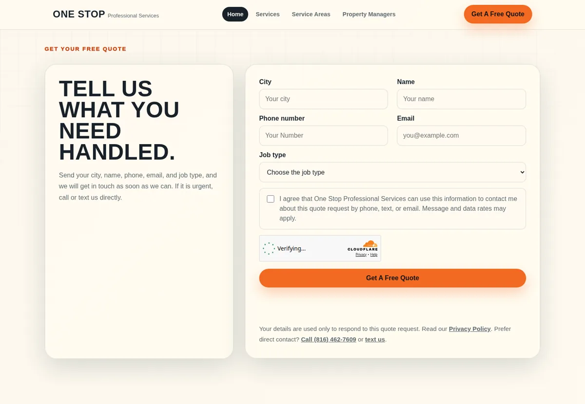 One Stop quote form with contact and job details