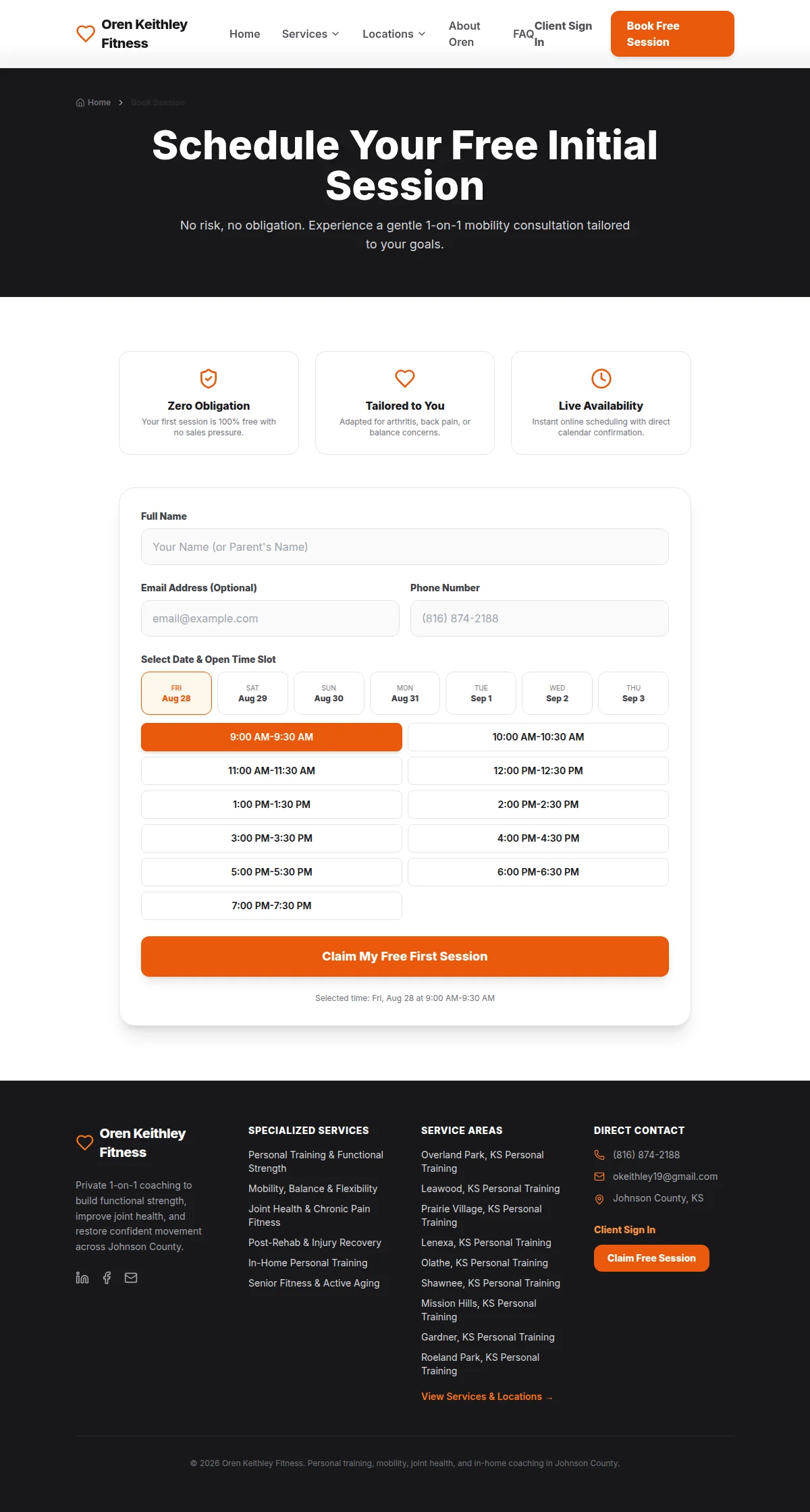 Oren Keithley Fitness booking page showing the free consultation form and live availability choices