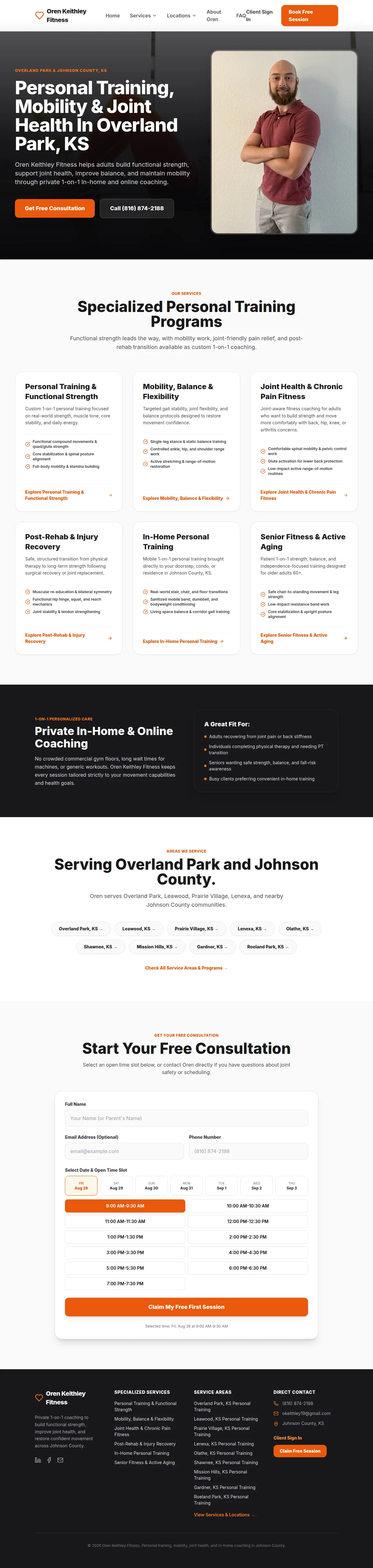 Oren Keithley Fitness homepage introducing private personal training, mobility, and joint-health coaching
